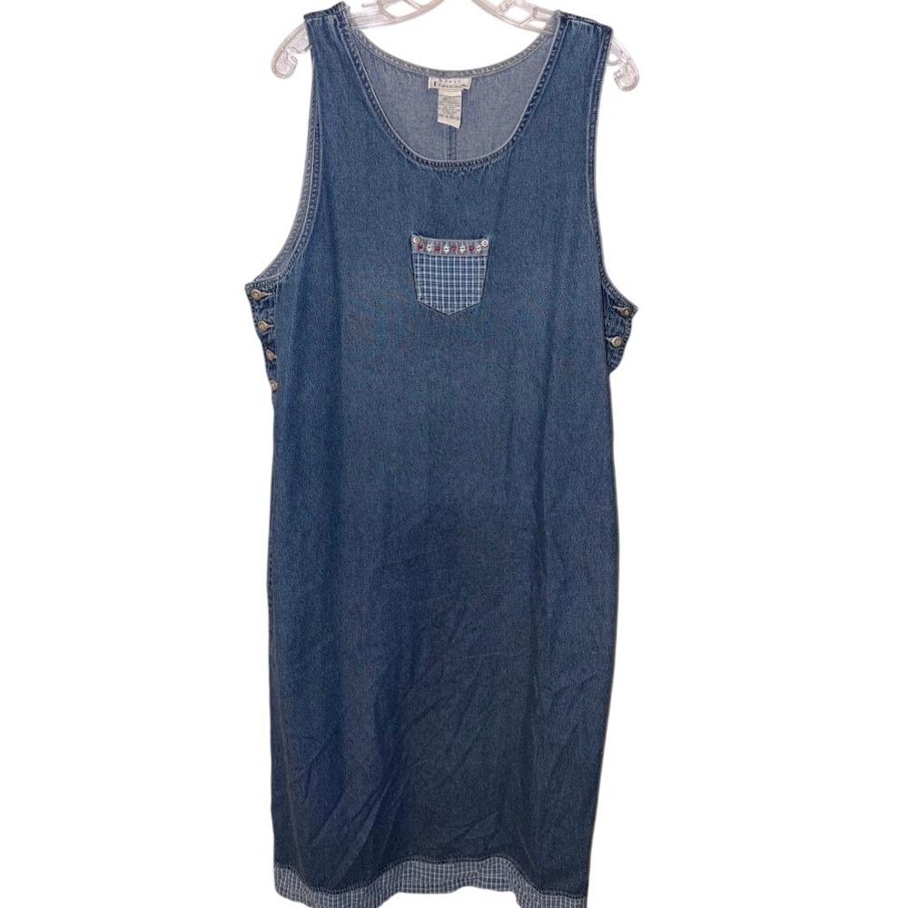 Basic Editions Womens XL Denim Jumper Dress Vintage Gingham Floral Embroidered‎
